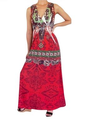 Sienna Rose colorful red v-neck henna print sleeveless maxi dress size small